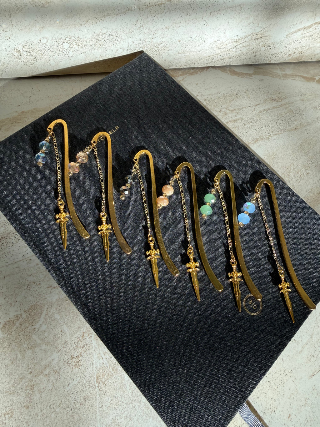Metal Sword Charm Bookmark - Crystal Blue