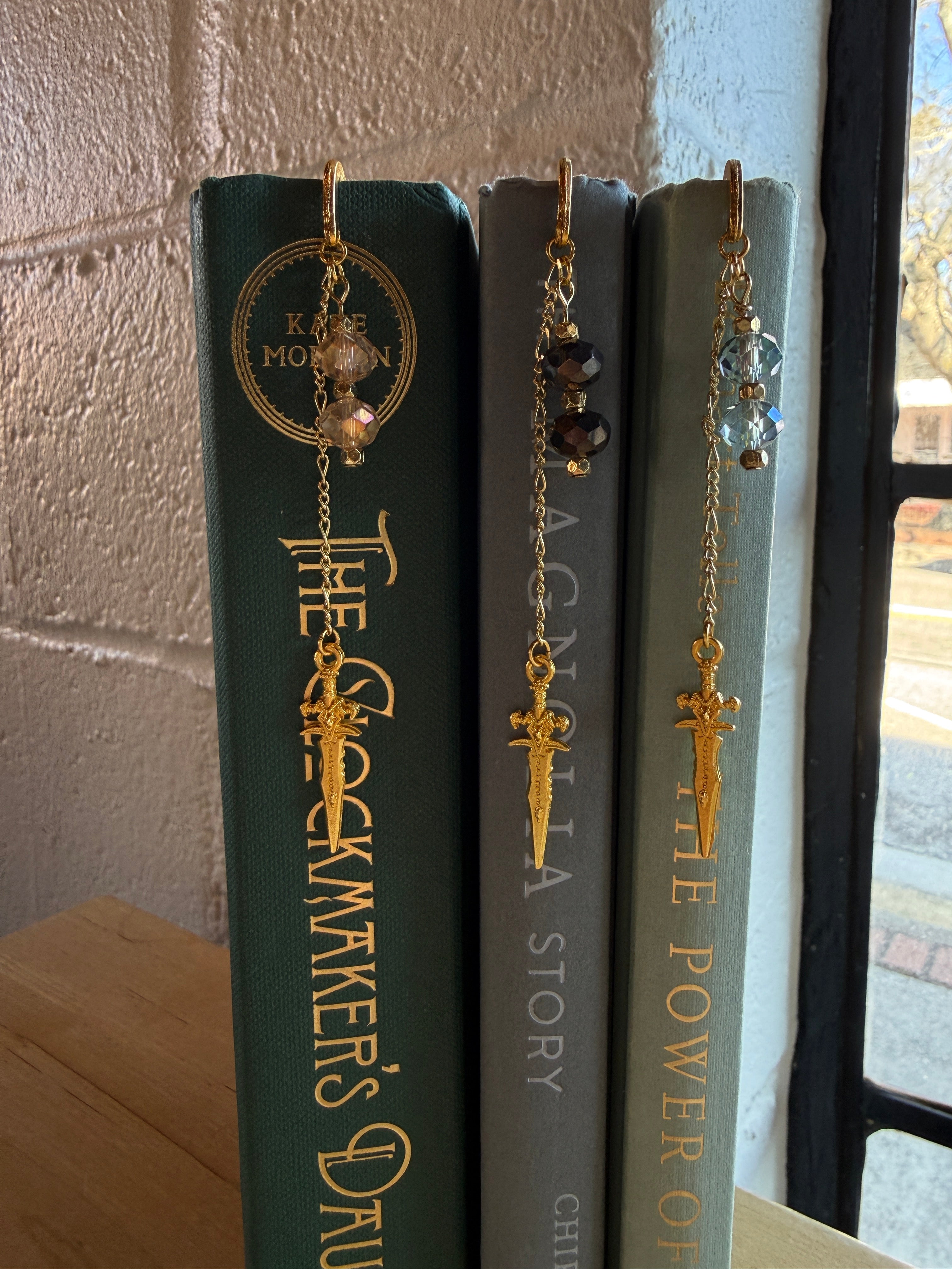 Metal Sword Charm Bookmark - Crystal Blue